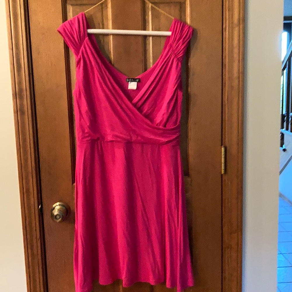 Bright fushia summer dress with cap sleeves.